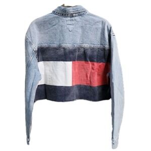 Tommy Hilfiger Denim Cropped Jacket Light Wash Back Color Block  Woman's SZ L